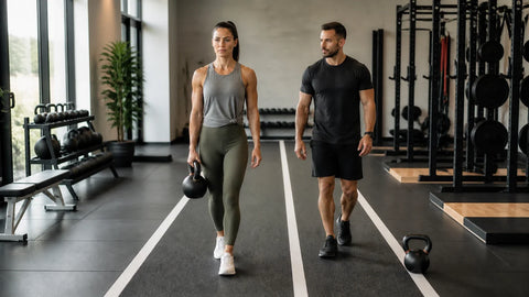 A lifter walks with a single kettlebell hanging at one side in a suitcase carry while a coach watches the torso stay upright.