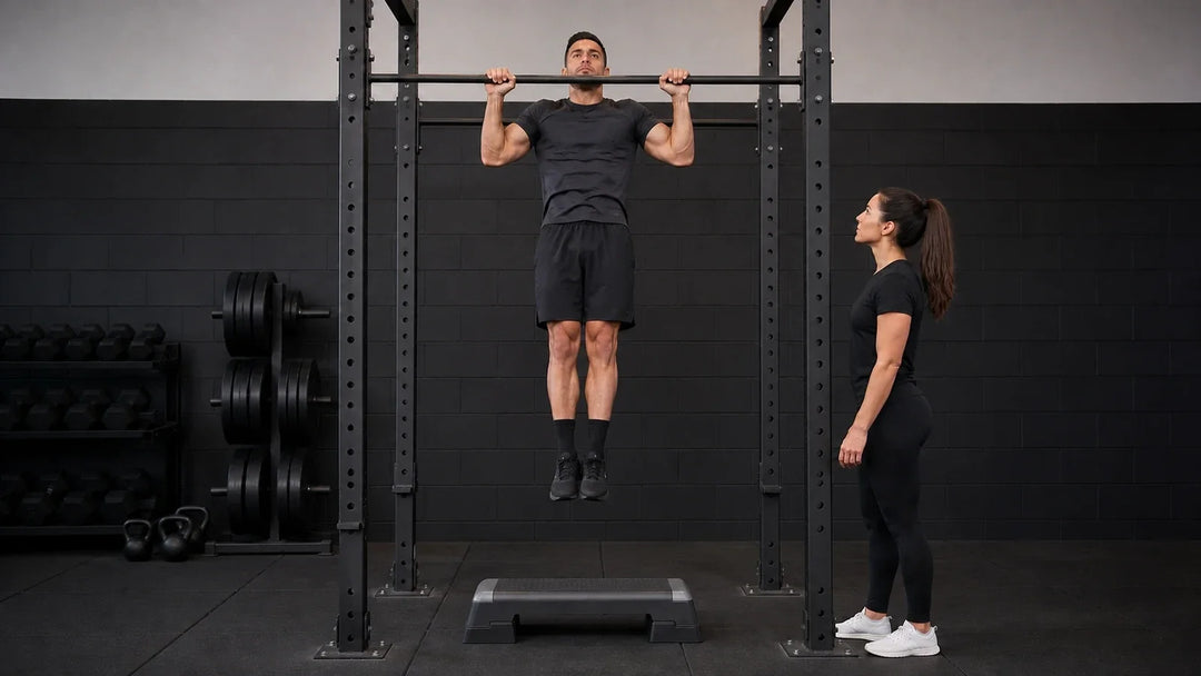 Athlete performing a pull-up while a coach watches