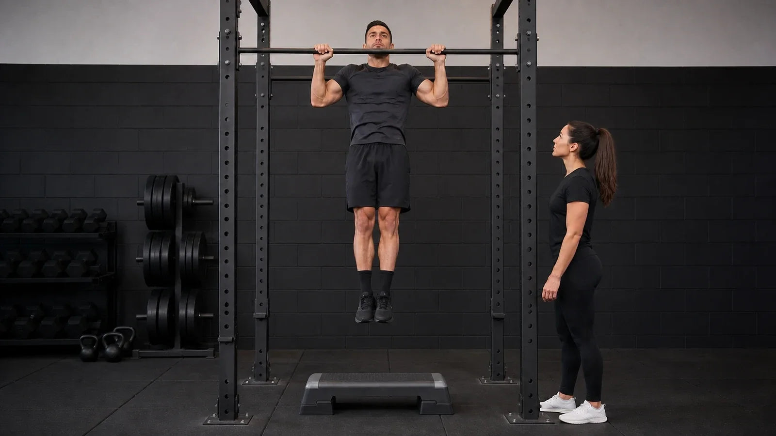Athlete performing a pull-up while a coach watches
