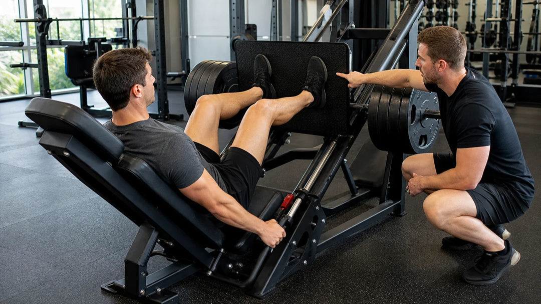 Trainer points to shoulder-width foot placement as an exerciser sets up on a leg press.