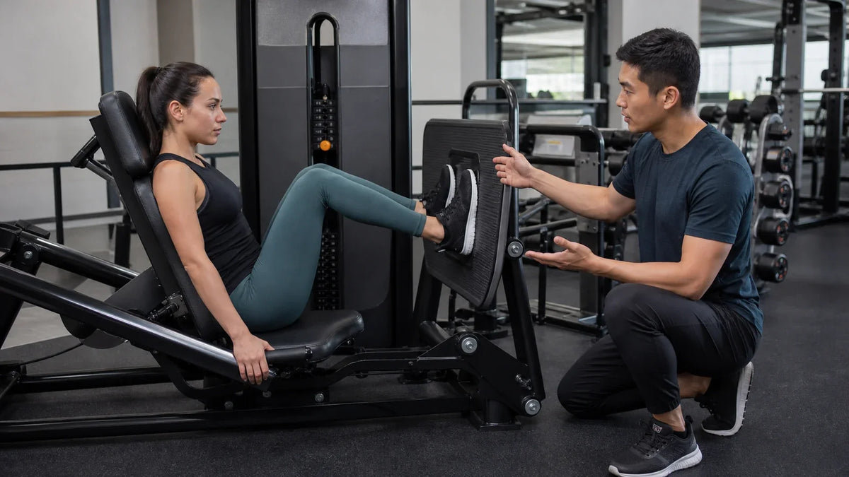Trainer coaches an exerciser on foot placement and knee alignment on a seated leg press.