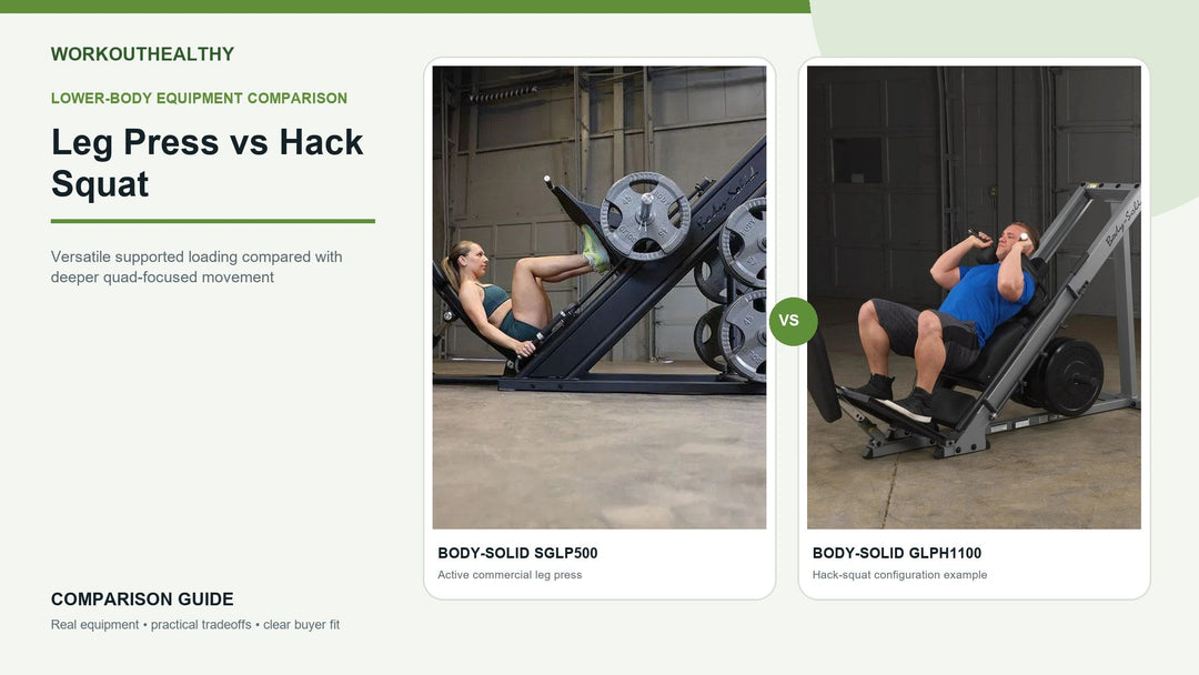 Body-Solid SGLP500 commercial leg press compared with the GLPH1100 hack-squat configuration