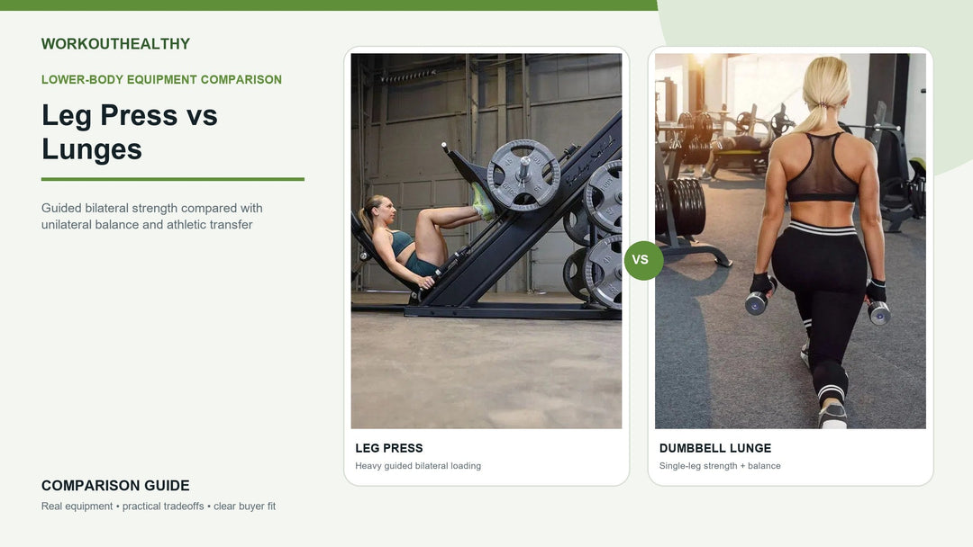 Body-Solid SGLP500 leg press compared with an athlete performing a dumbbell lunge