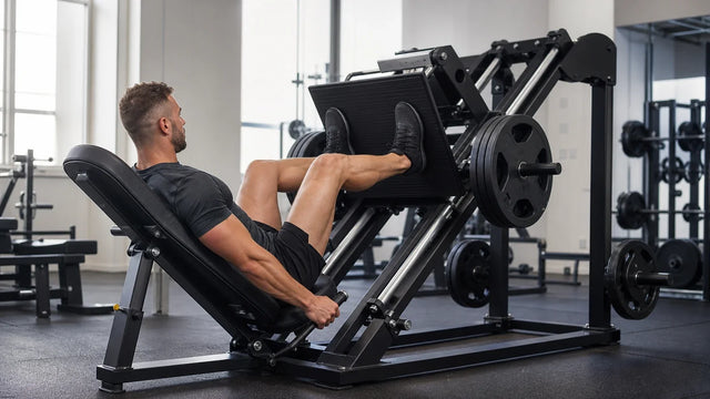 Athlete performs a controlled repetition on a 45-degree leg press with heels flat and back supported.