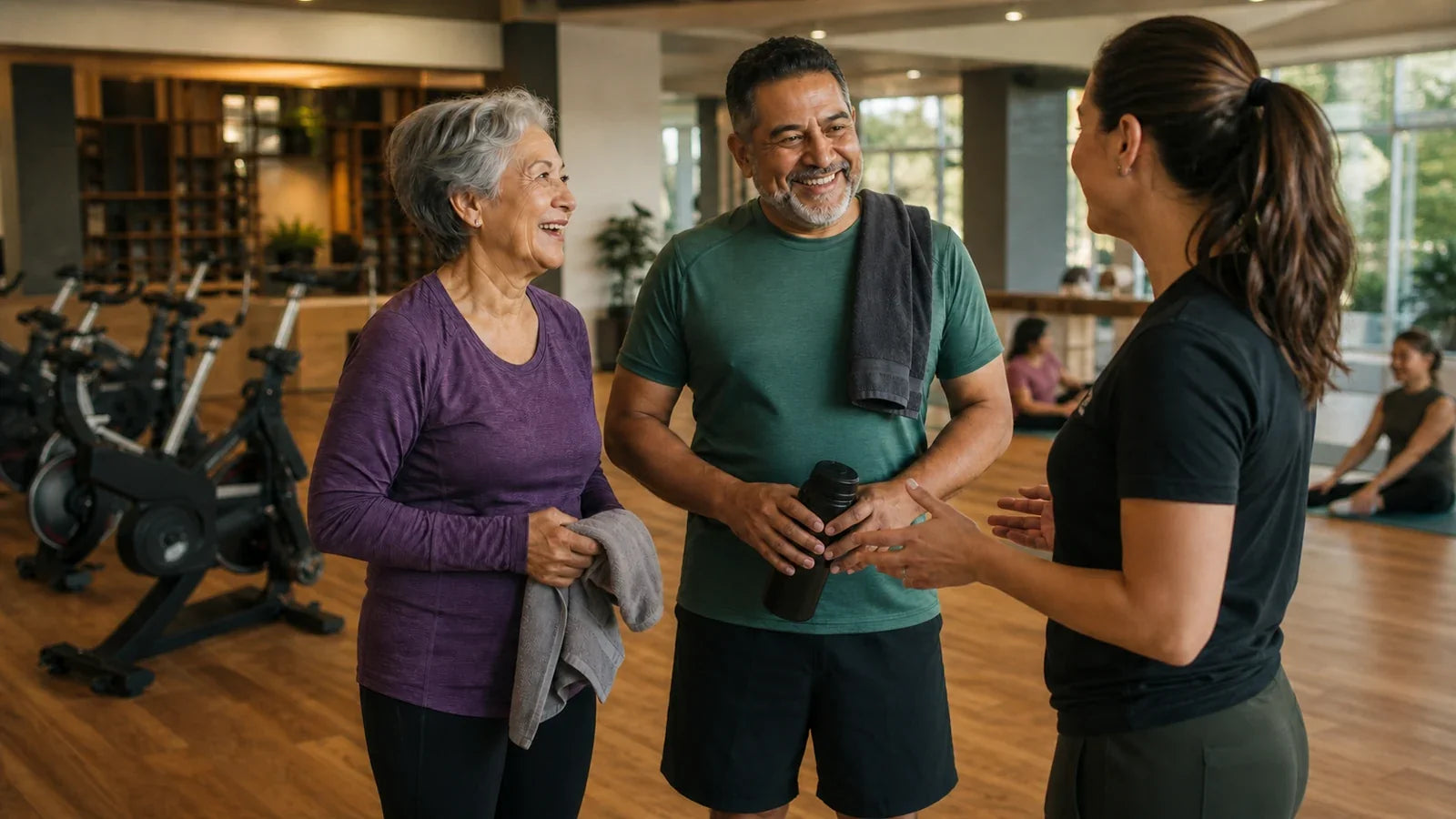 Two long-time gym members talk with a staff member after a community fitness class.