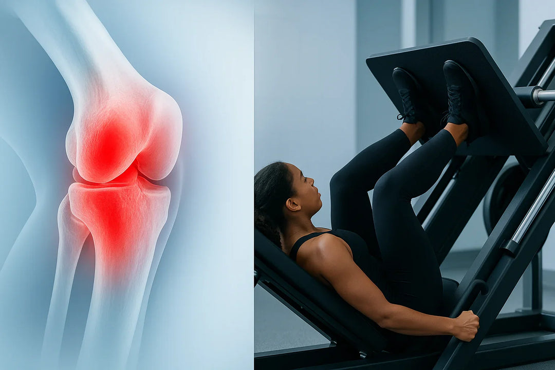 Split image: On the left, a digital illustration of a knee joint highlighted in red to indicate pain or injury. On the right, a woman exercises on a leg press machine in a gym, pushing the weight platform with her feet.