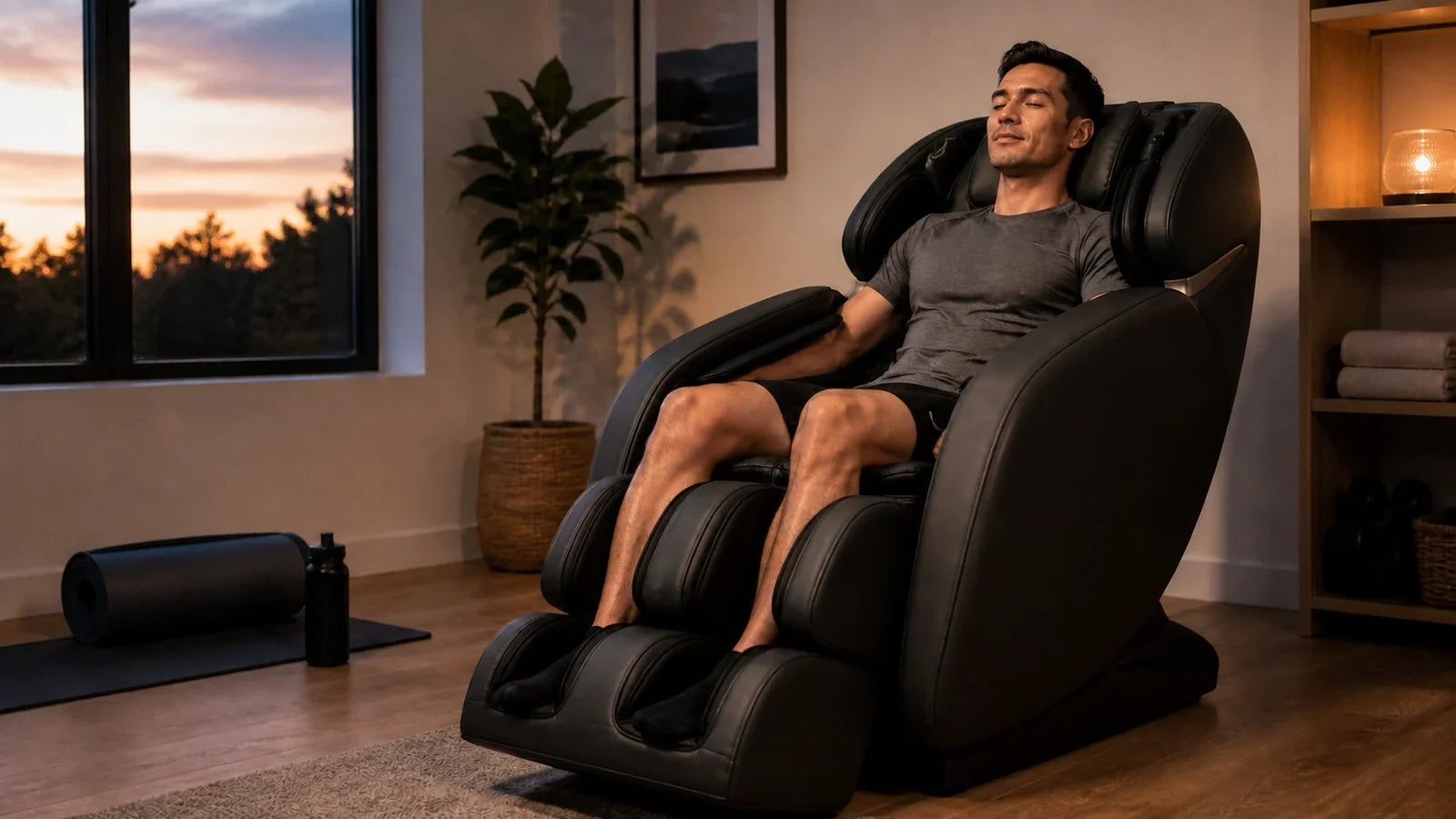 Athlete seated in a massage chair beside a rolled mat after a home workout.