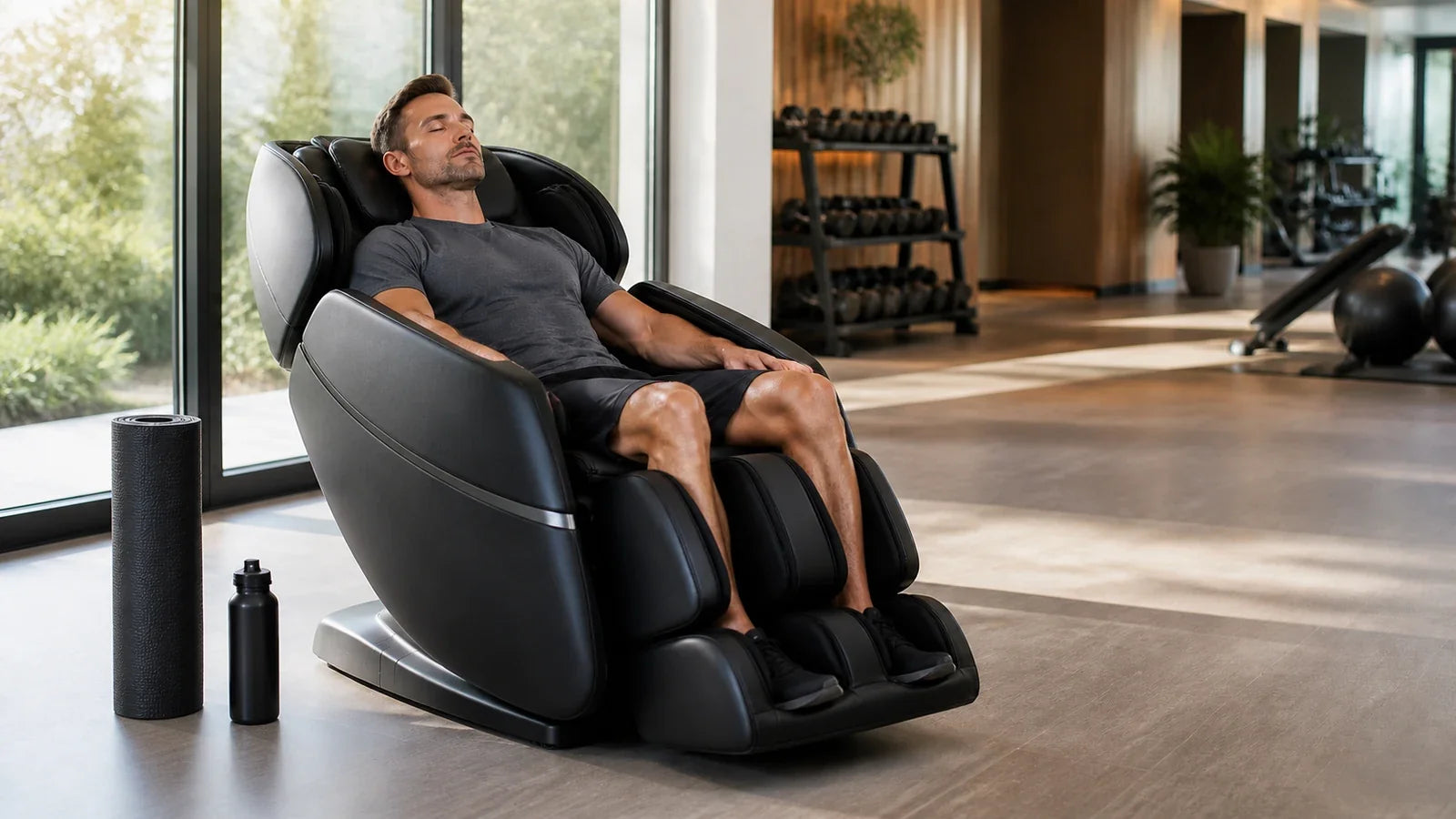 An athlete relaxes in an unbranded massage chair in a bright gym recovery lounge.