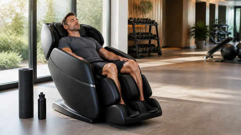 An athlete relaxes in an unbranded massage chair in a bright gym recovery lounge.