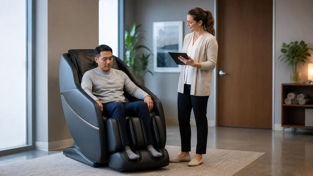 Employee uses a massage chair while a wellness coordinator tracks anonymous utilization on a tablet.