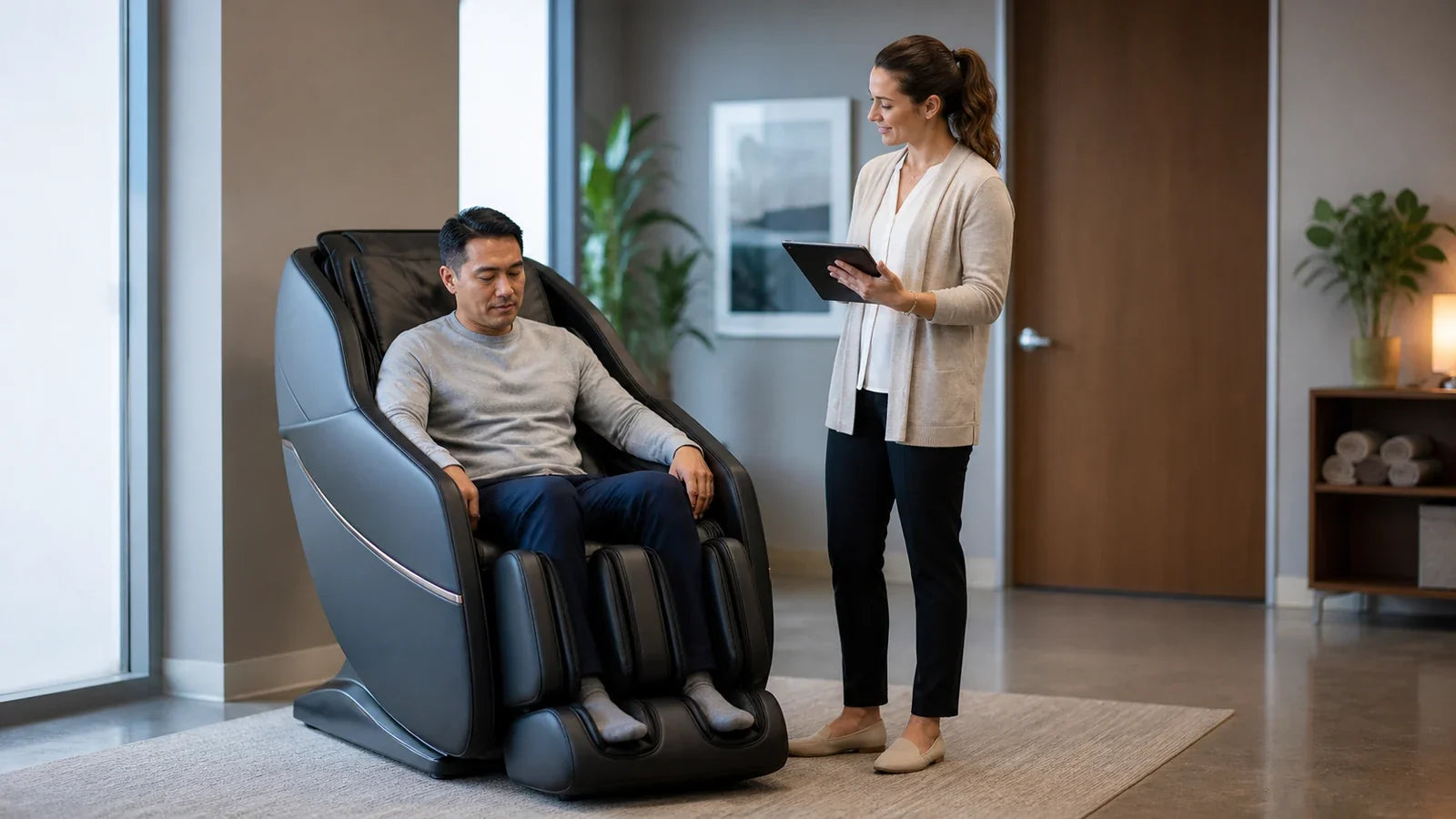 Employee uses a massage chair while a wellness coordinator tracks anonymous utilization on a tablet.