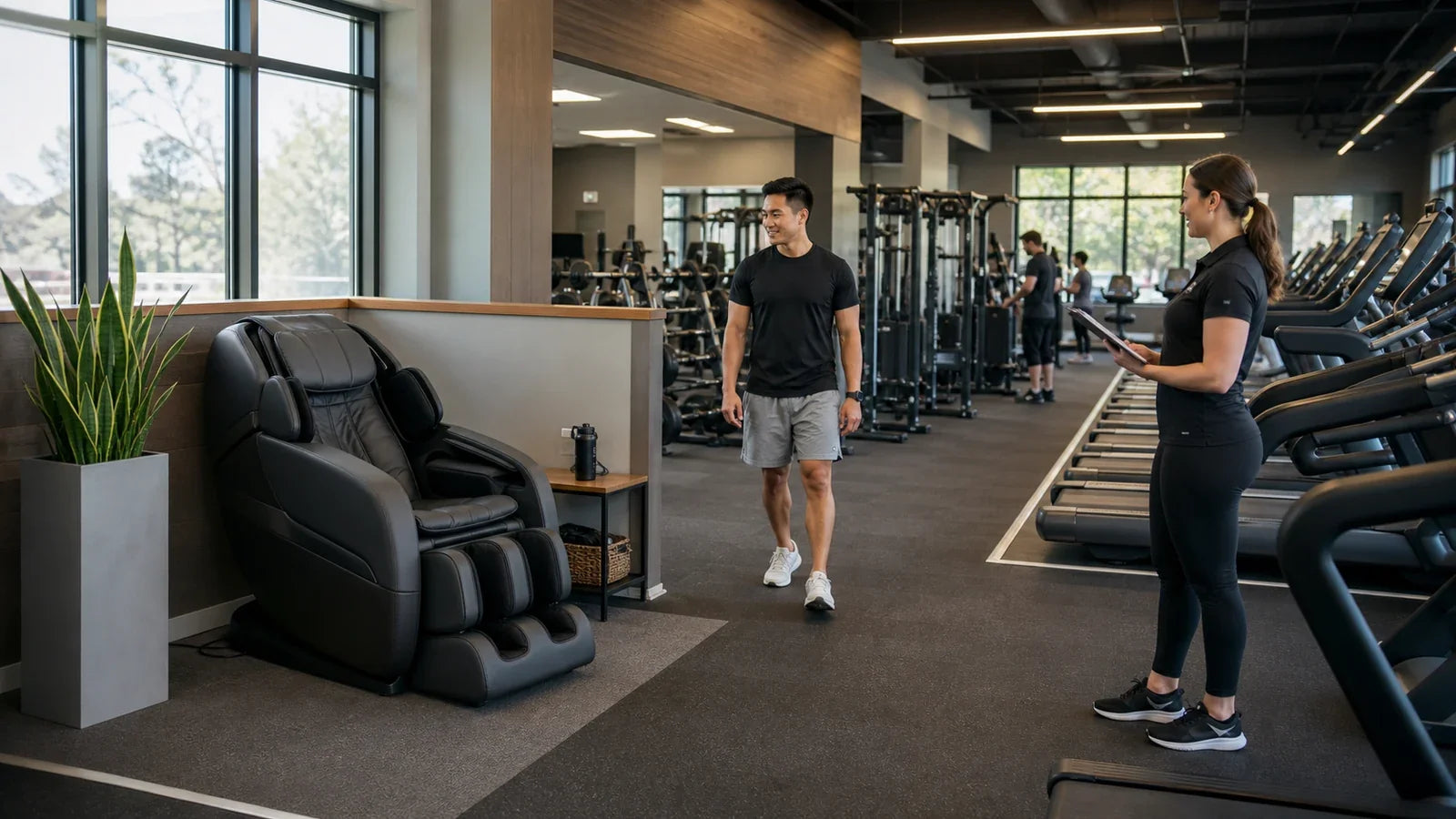 Massage chair recovery zone with clear walking space beside a commercial gym floor.