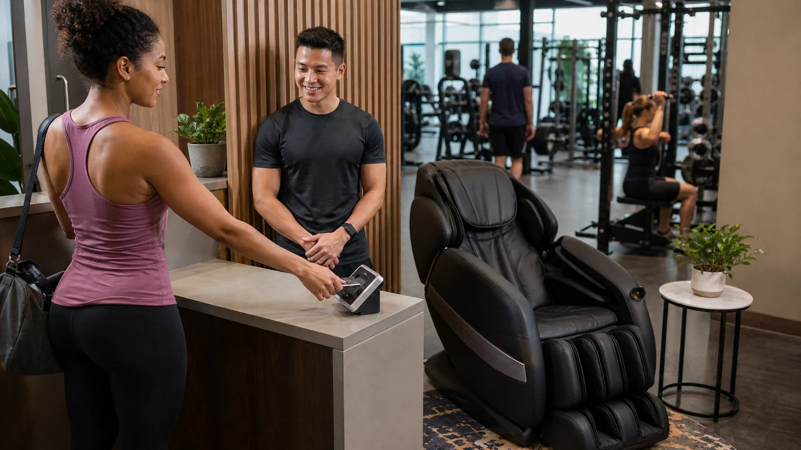 Gym member scans in to use a massage chair as a staff member assists at the recovery-area desk.