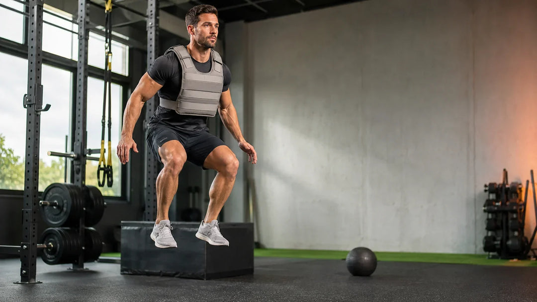 Athlete performing a controlled jump squat in a light weighted vest in a commercial gym.