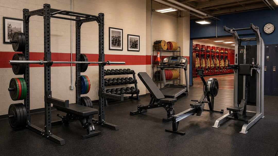 Police and fire station gym with red and navy station decor, turnout gear, power rack, dumbbells, cardio equipment, and an assisted chin and dip station.