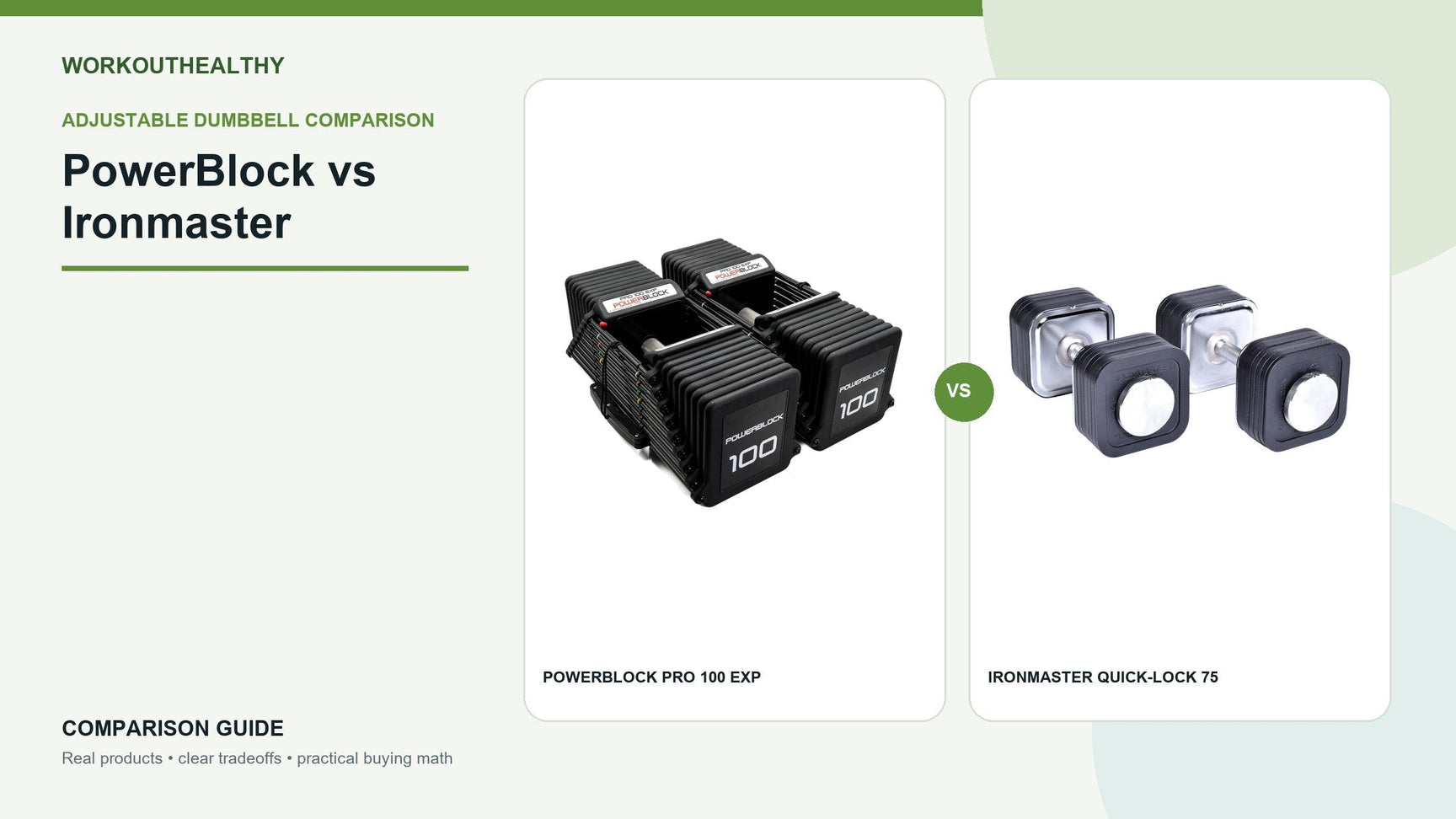 PowerBlock Pro 100 EXP and Ironmaster Quick-Lock 75 adjustable dumbbells compared side by side