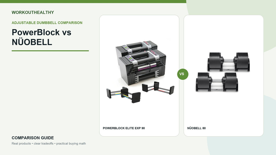 PowerBlock Elite EXP 90 and NÜOBELL 80 adjustable dumbbells compared side by side