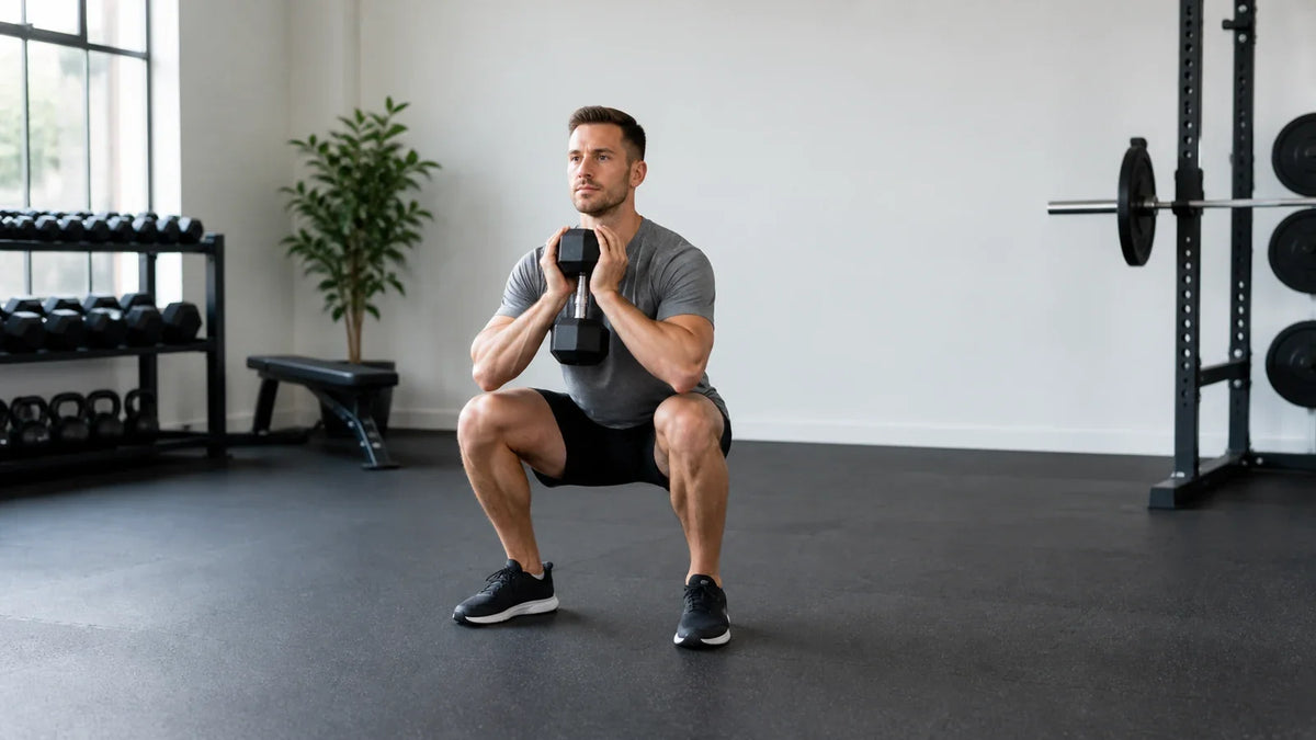 Athlete performs a controlled goblet squat with heels down and knees aligned over the toes.