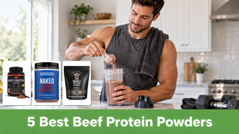 Man scooping beef protein into a shaker beside the actual Olympian Labs, NAKED, and The Fittest Whole Feast packages; green banner reads 5 Best Beef Protein Powders.