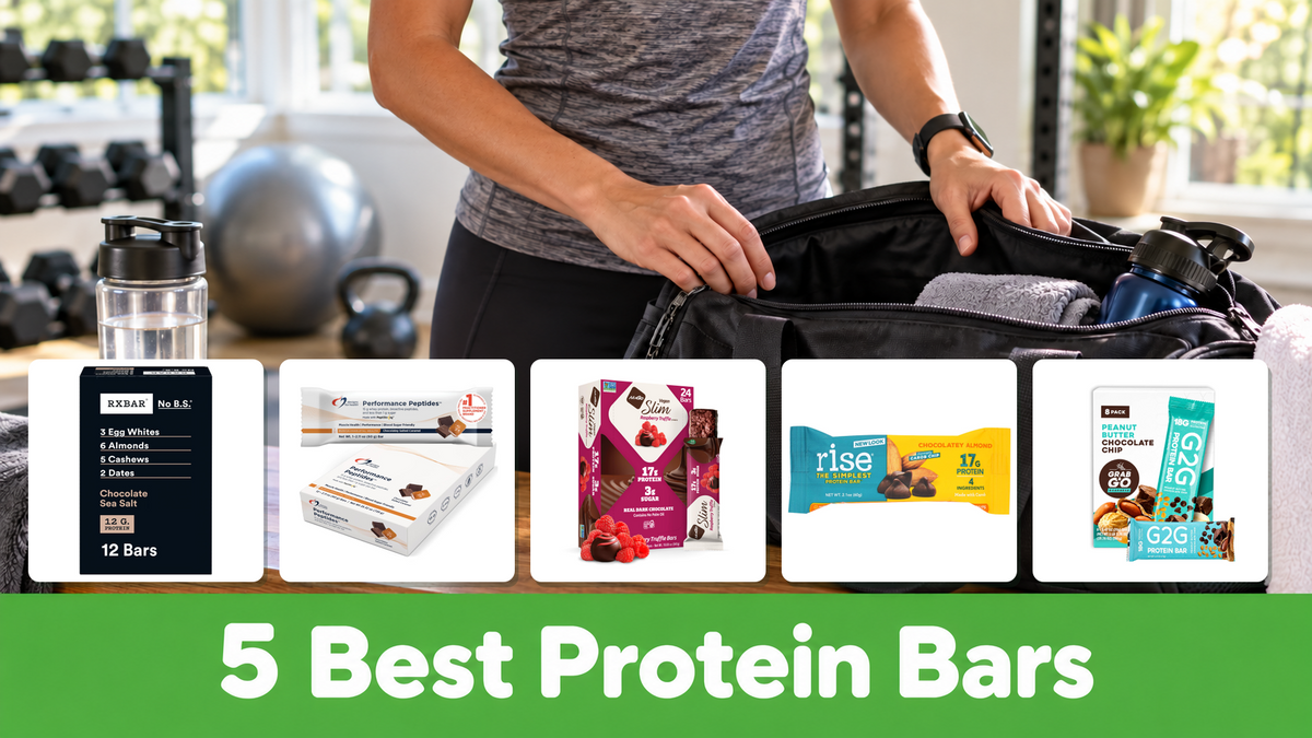 Five actual protein bar packages from RXBAR, Designs for Health, NuGo, Rise, and G2G in front of a gym bag; green banner reads 5 Best Protein Bars.