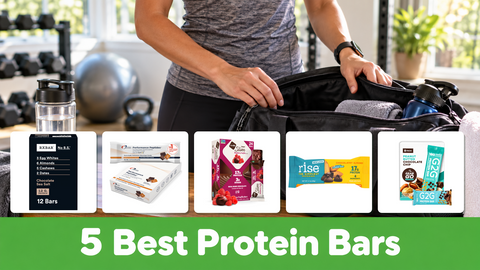 Five actual protein bar packages from RXBAR, Designs for Health, NuGo, Rise, and G2G in front of a gym bag; green banner reads 5 Best Protein Bars.