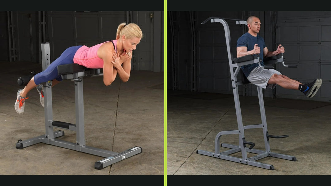 Roman chair back extension and VKR tower leg raise exercises shown side by side