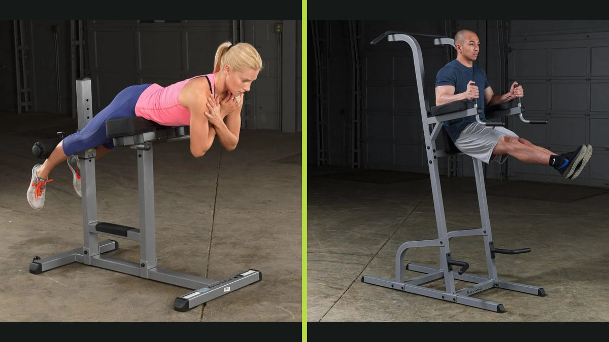 Roman chair back extension and VKR tower leg raise exercises shown side by side