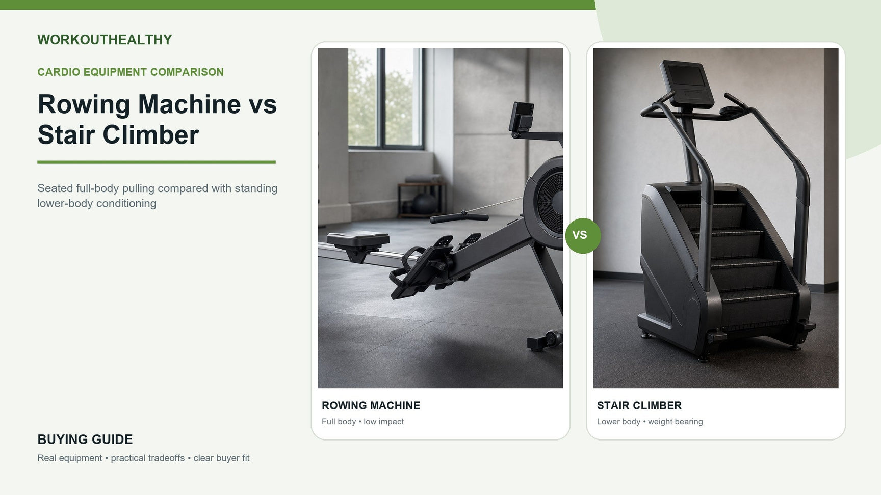 Generic commercial rowing machine and rotating-stair climber compared in a modern gym
