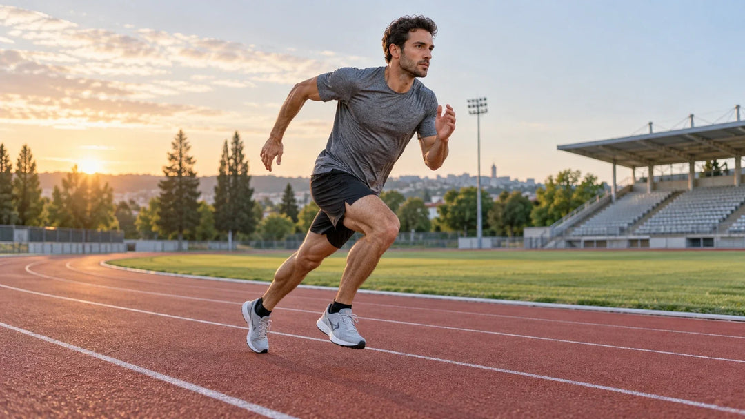 Runner accelerating on an outdoor track during a running speed workout