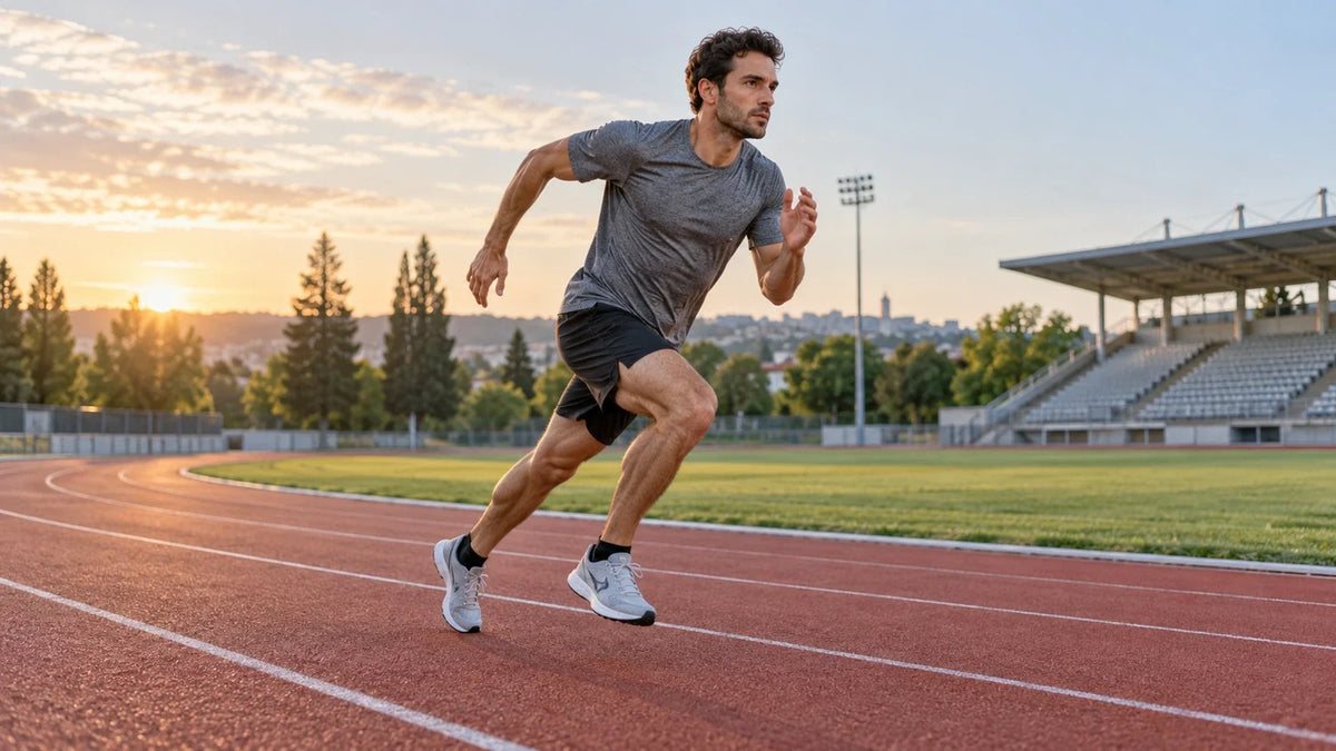 Runner accelerating on an outdoor track during a running speed workout