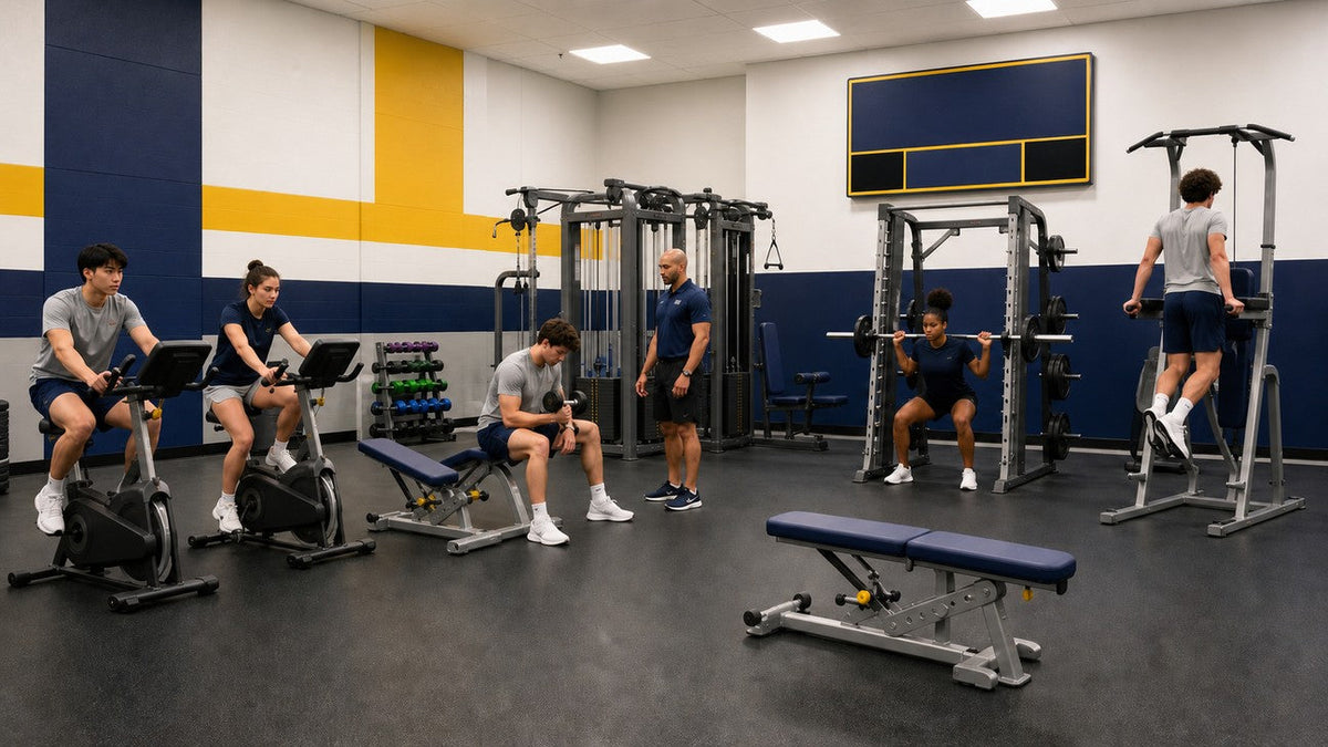 School and university gym with exercise bikes, dumbbells, benches, multi station gym, Smith machine, and power tower