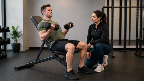 A lifter performs a supported seated dumbbell biceps curl while a coach observes form.