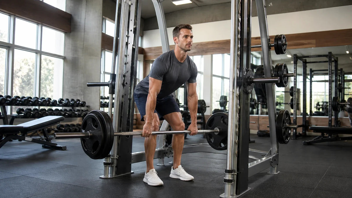 Man performing a Smith machine Romanian deadlift with a neutral spine