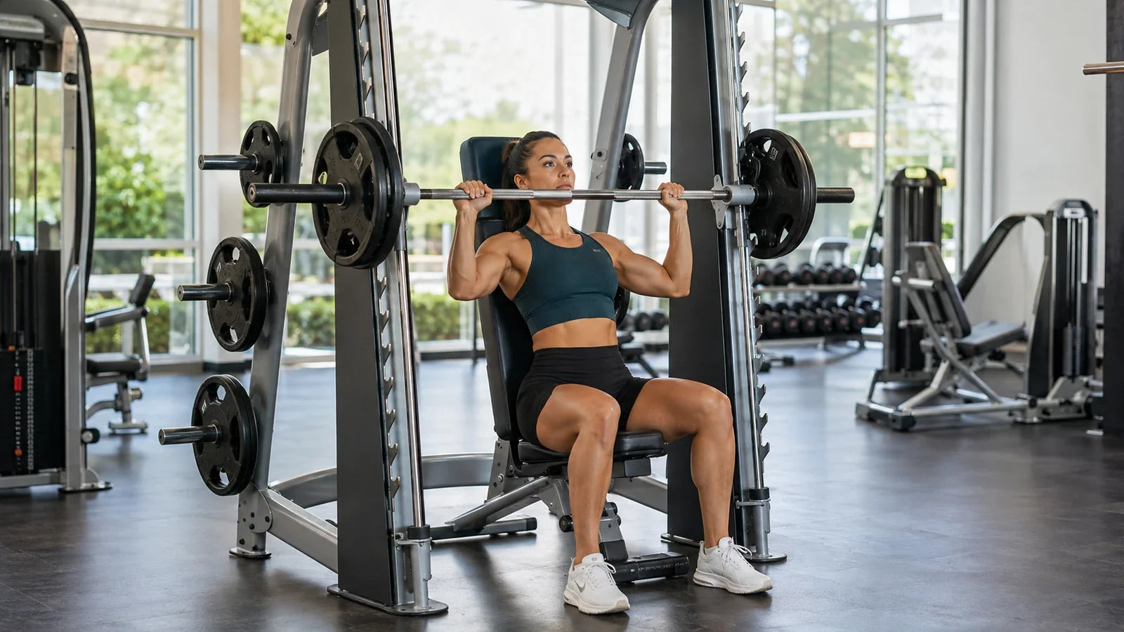 Woman performing a seated Smith machine shoulder press