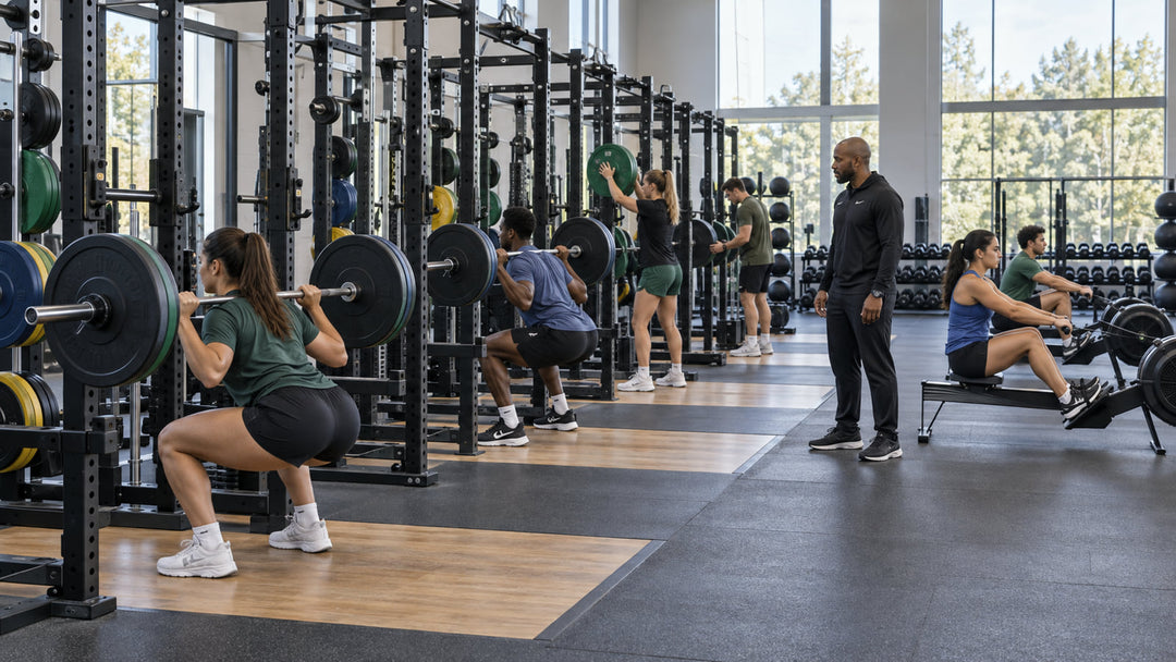A strength coach supervises athletes training across repeated rack and rowing stations in a sports performance gym.