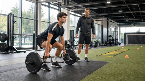 A soccer athlete performing a controlled trap-bar deadlift beside an agility training area.