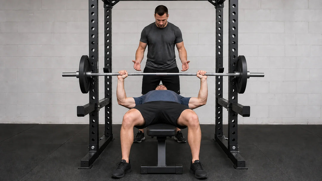 A lifter presses a loaded barbell off the chest on a flat bench while a spotter stands ready at the head of the bar.