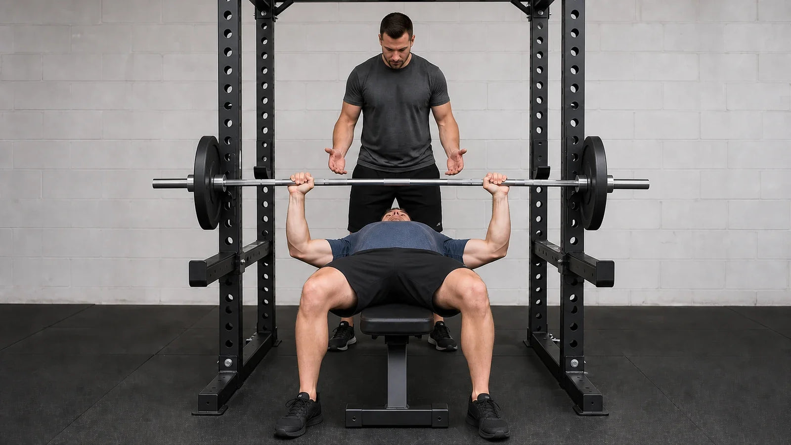A lifter presses a loaded barbell off the chest on a flat bench while a spotter stands ready at the head of the bar.
