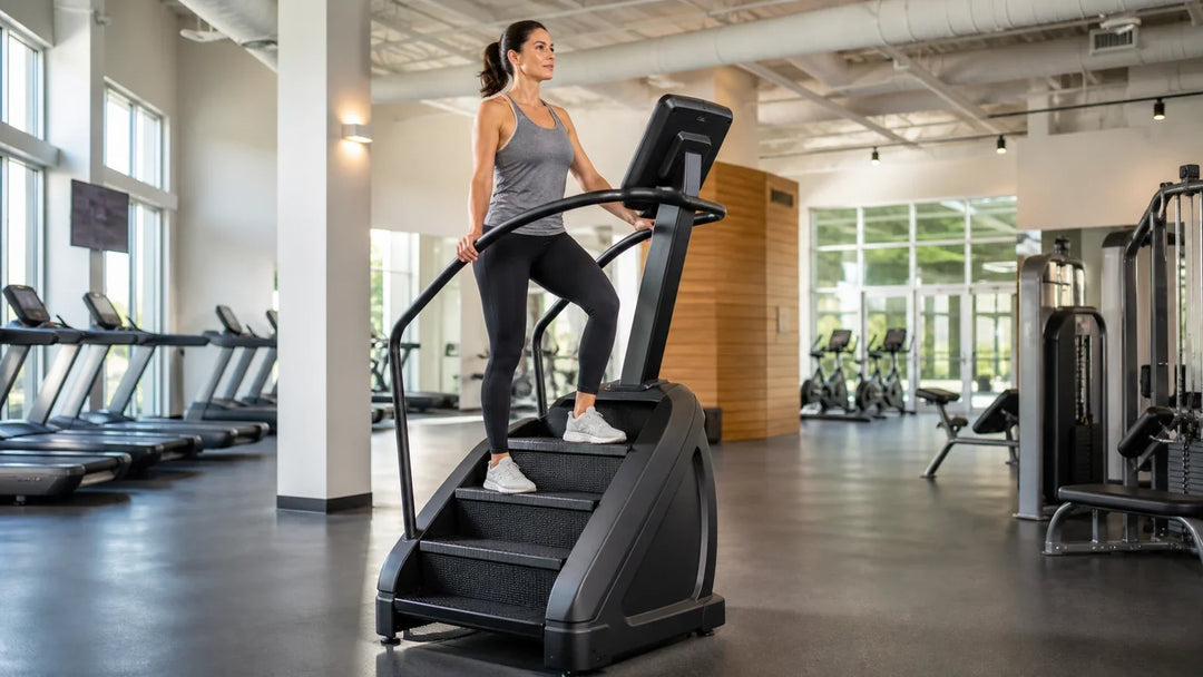 Woman exercises upright on a rotating stair climber with her feet planted on the steps.