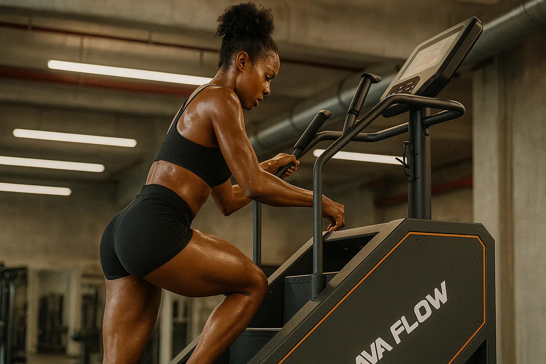 A woman in athletic wear works out on a stair climbing machine in a gym. She grips the handles and steps up, focused and determined. The gym has a concrete interior and modern equipment.