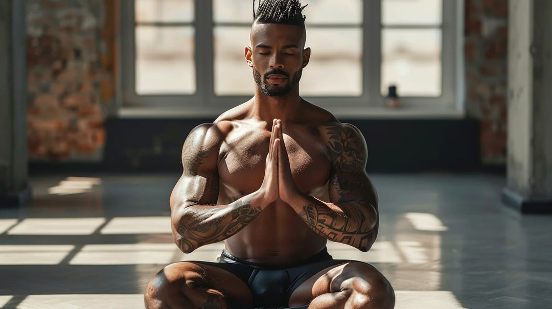 strong fit muscle man doing yoga final pose savasana