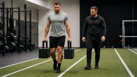 A strength athlete performs a heavy dumbbell farmer's carry across a gym floor while a coach checks his posture.