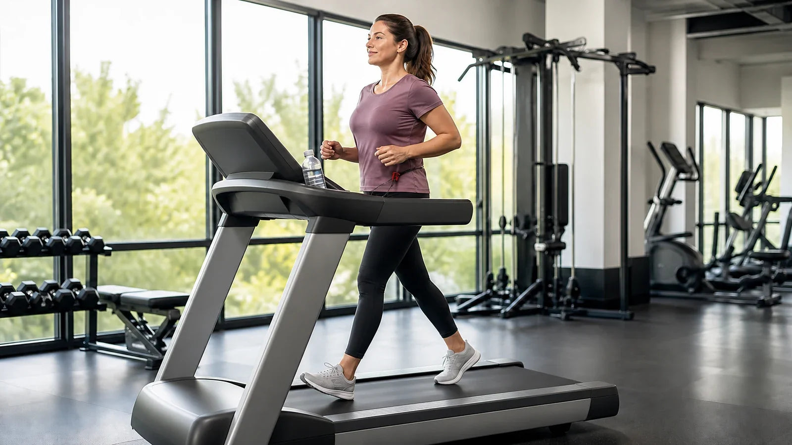 Woman walking briskly on a treadmill with upright posture and a safety clip attached, mid interval during a beginner cardio machine session.