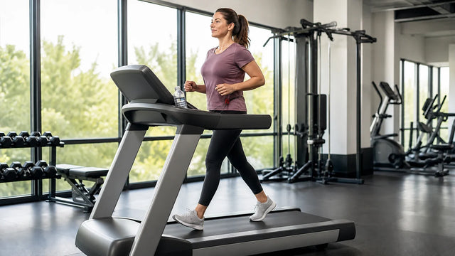 Woman walking briskly on a treadmill with upright posture and a safety clip attached, mid interval during a beginner cardio machine session.