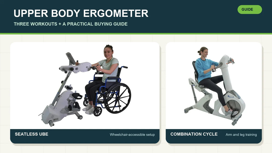 Upper body ergometer workout guide showing a wheelchair accessible OmniTrainer and a PhysioCycle XT