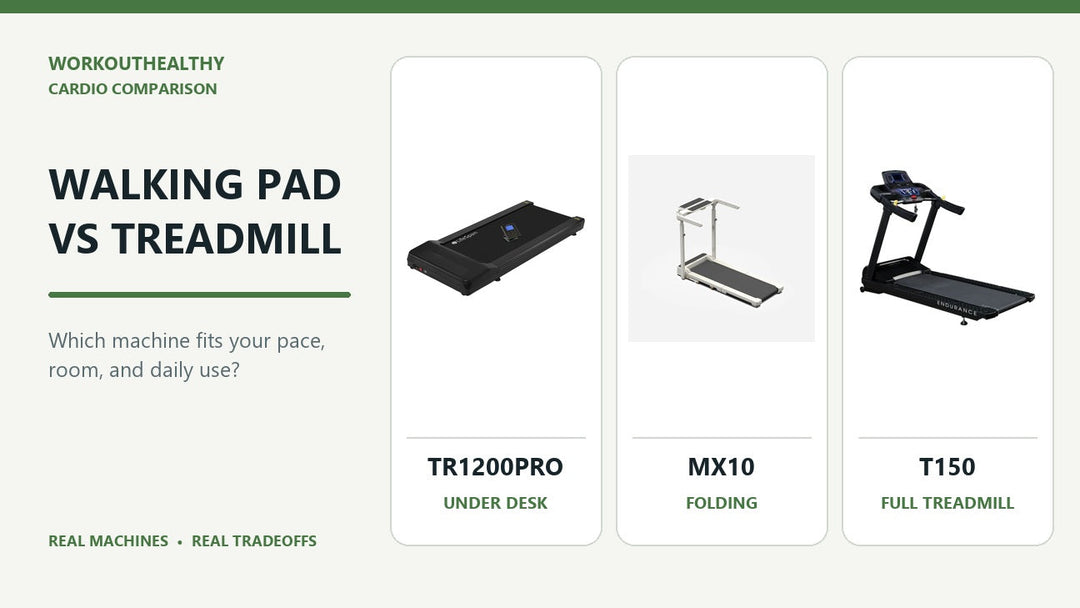 Walking pad versus treadmill comparison showing authentic LifeSpan TR1200Pro, WalkingPad MX10 and Body-Solid T150 machines