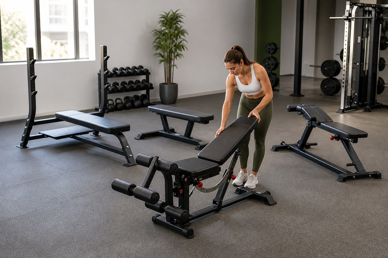 Four types of workout benches arranged in a bright modern gym