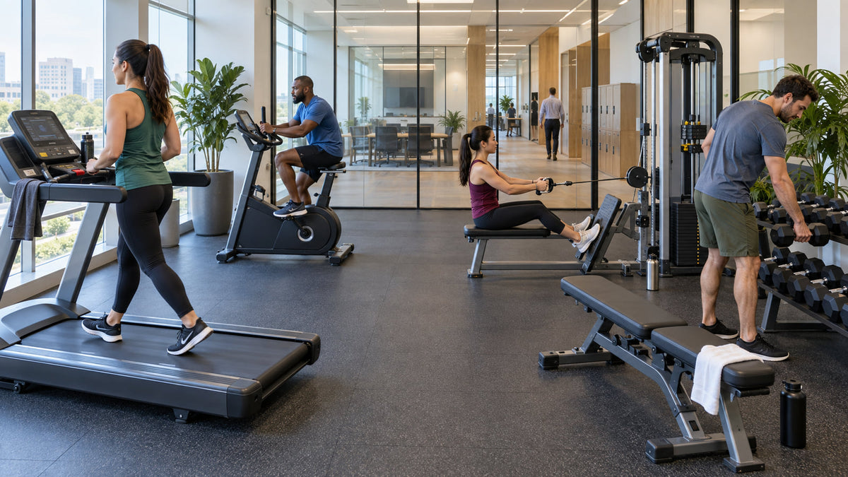 Employees use a treadmill, exercise bike, cable row, and dumbbells in a bright corporate fitness room.