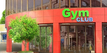 A modern gym club with large windows and a bright red exterior. “Gym CLUB” is written above the entrance in green and blue letters. A leafy tree stands outside the building.