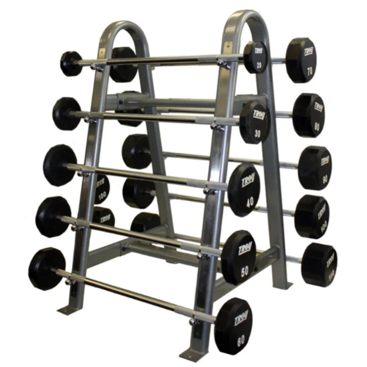 Troy 12-sided fixed urethane barbell set on the BB-10 dual sided horizontal rack, second view.